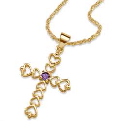 14K Gold Over Sterling February Birthstone Heart Cross Necklace