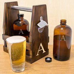 Personalized Rustic Craft Beer Carrier with 2 Bullet Growlers