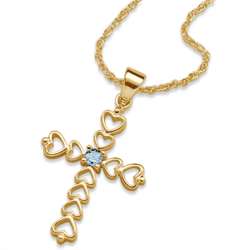 14K Gold Over Sterling March Birthstone Heart Cross Necklace