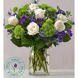Winter Charm White Rose, Blue Thistle, and Purple Statice Bouquet