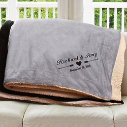 Embroidered Arrows and Heart Wedding Date Sherpa Throw Blanket