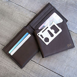 Personalized RFID Black Leather Wallet with Compact Tool