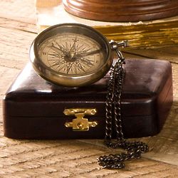 Brass Compass on Chain with Wood Box