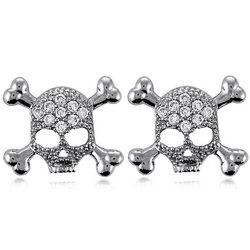 CZ Accent Sterling Silver Skull Crossbones Stud Earrings