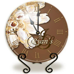 Personalized Brown Tulips Glass Clock with Metal Stand