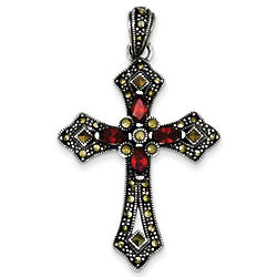 Red CZ & Marcasite Sterling Silver Cross Pendant