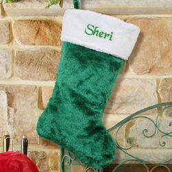 Green Plush Embroidered Christmas Stocking