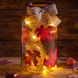 Lighted Leaves Crackled Glass Jar
