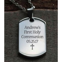 Boy's Personalized First Communion Stainless Steel Cross Dog Tag