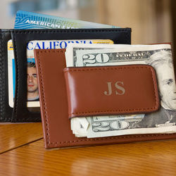 Leather Magnetic Money Clip with Credit Card Slot and ID Window