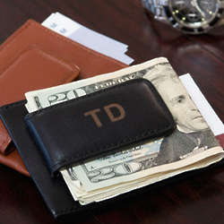 Personalized Leather Magnetic Money Clip with Credit Card Slot