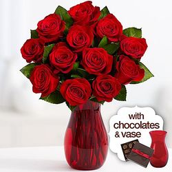 Red Roses with Ruby Vase and Chocolates
