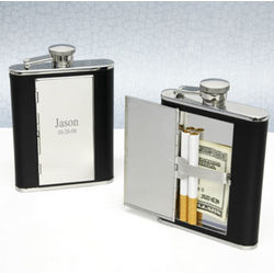 Black Leather Hip Flask with Cigarette Case