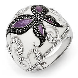 Sterling Silver CZ Enameled Butterfly Domed Ring