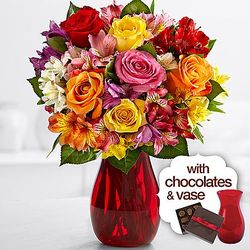 Smiles and Sunshine Bouquet with Ruby Vase and Chocolates