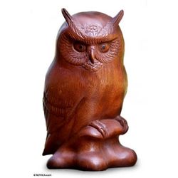 Crested Owl Wood Statuette