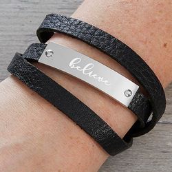 Personalized Name Plate Black Leather Wrap Bracelet