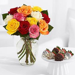 12 Rainbow Roses Bouquet with 6 Fancy Strawberries