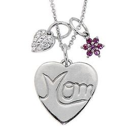 Mom Heart Pendant with Diamond & Lab-Created Pink Sapphire Charms