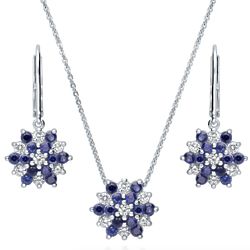 Silver Simulated Blue Sapphire CZ Flower Necklace and Earrings