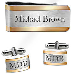 Personalized Steel Gold Accent Cuff Links and Money Clip