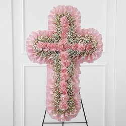 Angel's Cross in Pink Carnations on Easel Stand