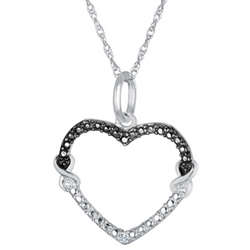 Sterling Silver Black and White Diamonds Heart Necklace