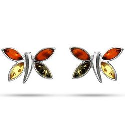 Sterling Silver Tricolor Baltic Amber Dragonfly Earrings