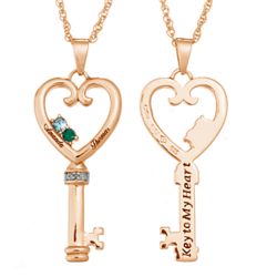 Couples Name & Birthstone Heart Key Necklace with Diamond Accent