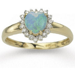 14k Yellow Gold Heart Shaped Opal and Diamond Ring
