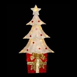 32" Lit Christmas Tree on Red Sisal Gift Box Outdoor Decor