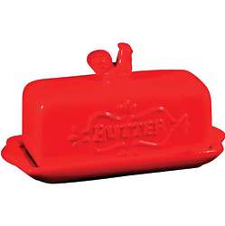 Red Rooster Finial Covered Butter Dish