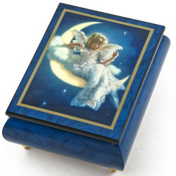 Blue Moonbeam Angel on the Moon Painted Music Box