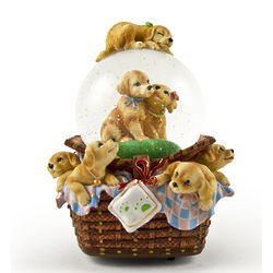 Puppies in a Picnic Basket Water Globe