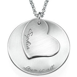 Personalized Curved Disc Necklace with a Heart Charm