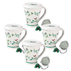 Winterberry Covered Tea Mug with Infuser in White and Green