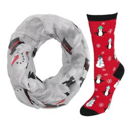 Women's Snowman Infinity Loop Scarf and Penguin Christmas Socks