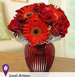 Red Ruby Bouquet in a Red Glass Vase