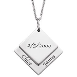 Stainless Steel Couples Name and Date Square Tag Necklace