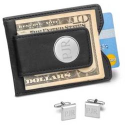 Leather Wallet with Engraved Moneyclip and Cufflinks Gift Set
