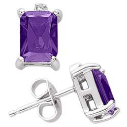 Sterling Silver Emerald-Cut Amethyst and Diamond Accent Earrings