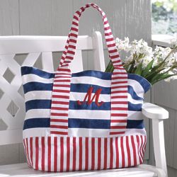 Nautical-Stripe Tote with Embroidered Letter
