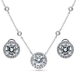 Sterling Silver CZ Halo Necklace and Earrings Ensemble