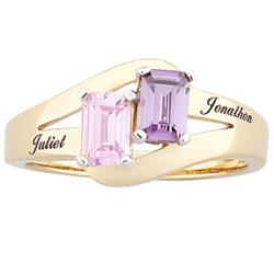 Couple's Name Emerald-Cut Simulated Birthstone Ring