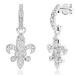 Sterling Silver Round Diamond Fleur Di Lis J-Hoop Earrings