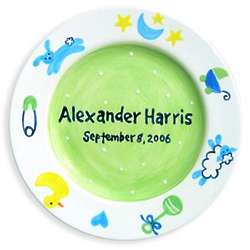 Handpainted Baby Boy Plate with Whimsical Icons Rim