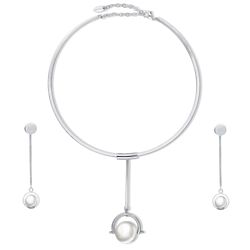 Silver-Tone Simulated Pearl Circle Choker Necklace and Earrings