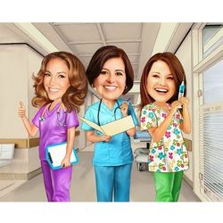 Three Nurse Friends Custom Photo Caricature Print