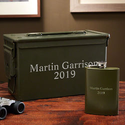 Personalized Ammo Box Can and Liquor Flask Gift Set