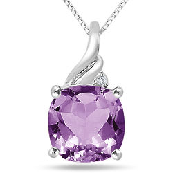 Cushion Cut Amethyst and Diamond Pendant in Sterling Silver